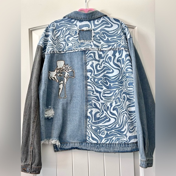 POL Jackets & Blazers - Upcycled POL Multi-Print Denim Jacket w/ Hand Pained Design